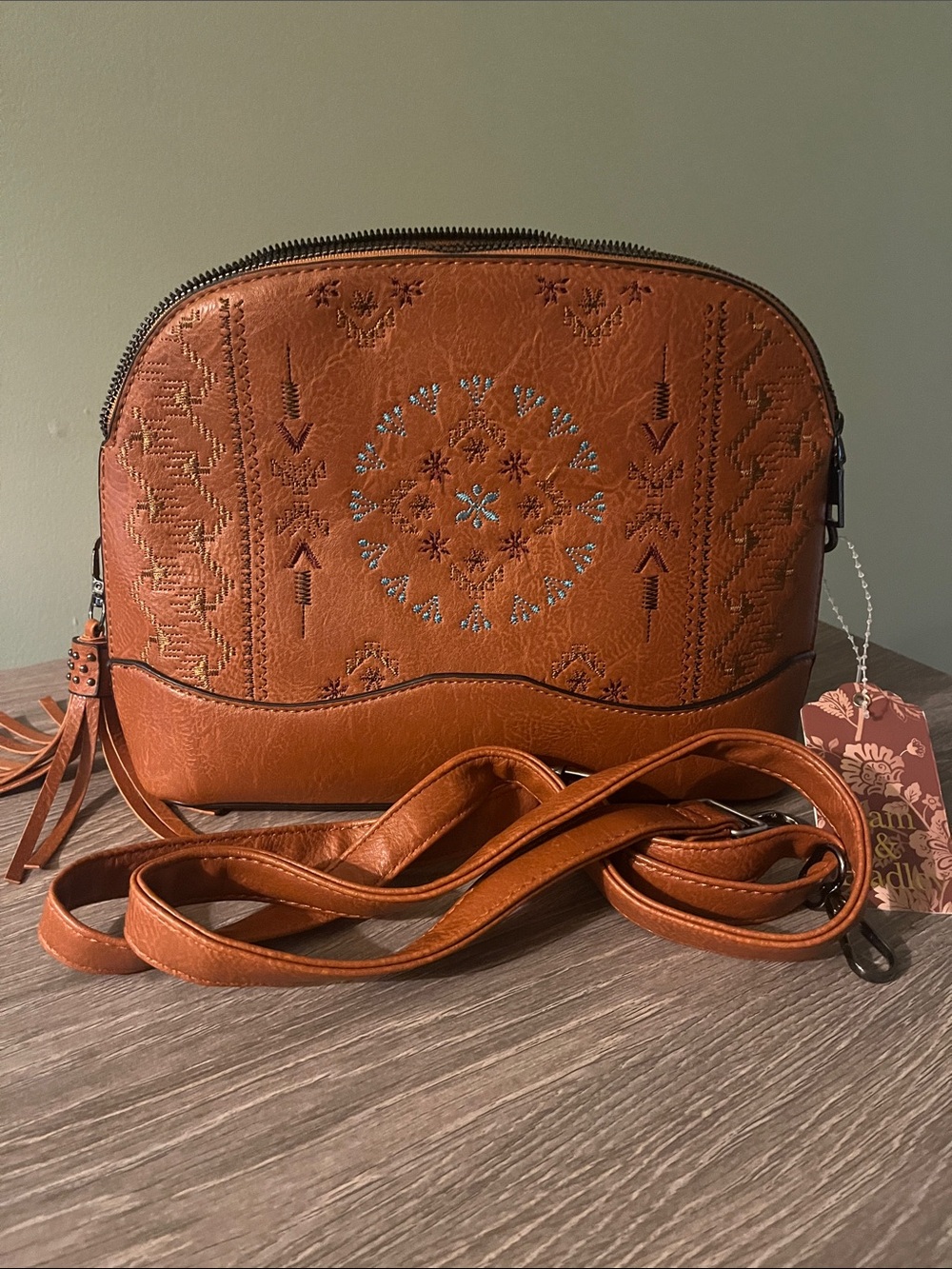 Sam and Hadley Embroidered Vegan Cognac Crossbody Bag - Picture 3 of 4